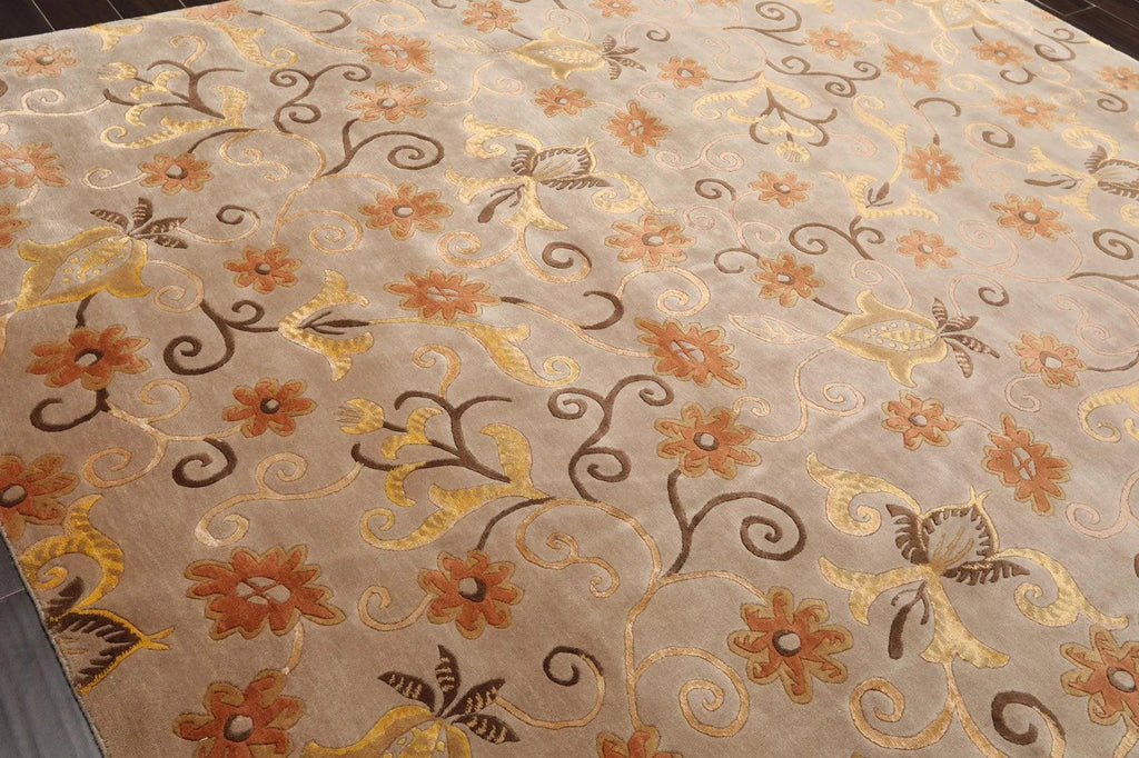 8'x9'7'' Hand Knotted Tibetan Wool & Silk Designer Boho Oriental Area Rug Beige