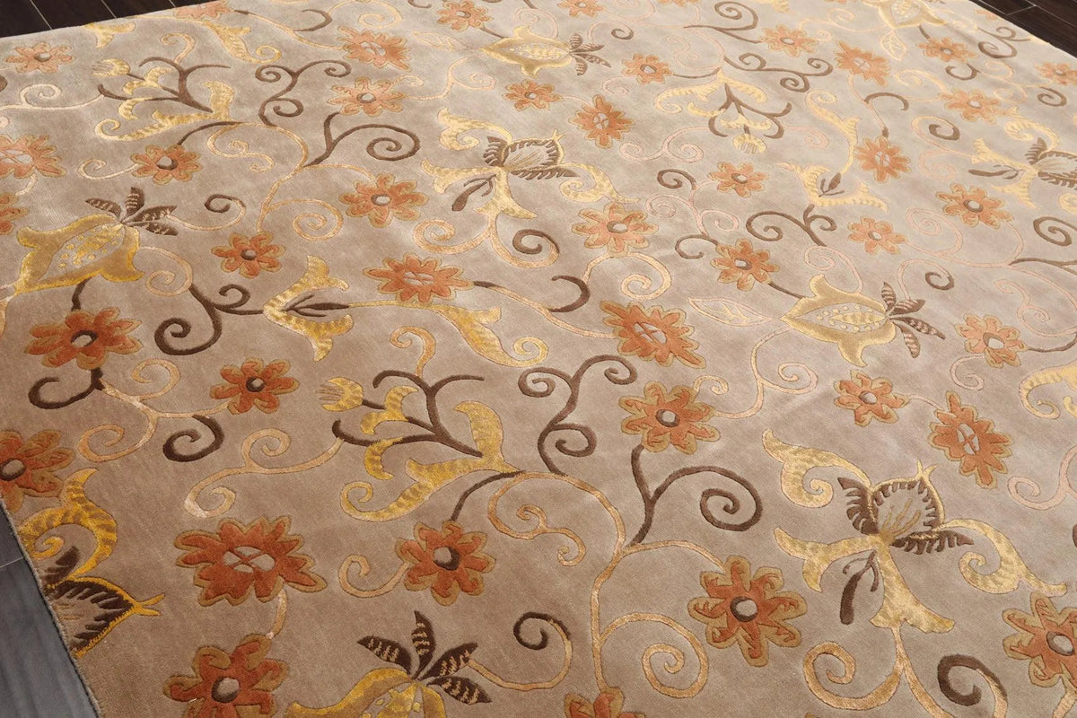 8'x9'7'' Hand Knotted Tibetan Wool & Silk Designer Boho Oriental Area Rug Beige