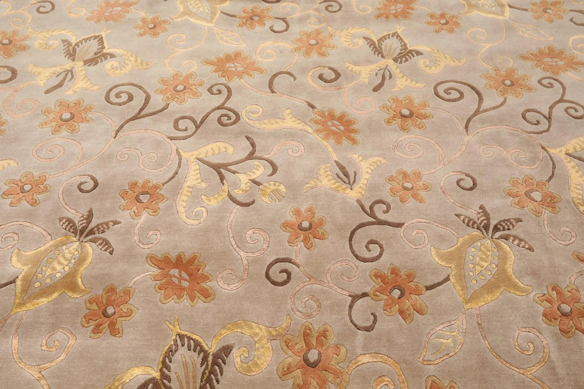 8'x9'7'' Hand Knotted Tibetan Wool & Silk Designer Boho Oriental Area Rug Beige