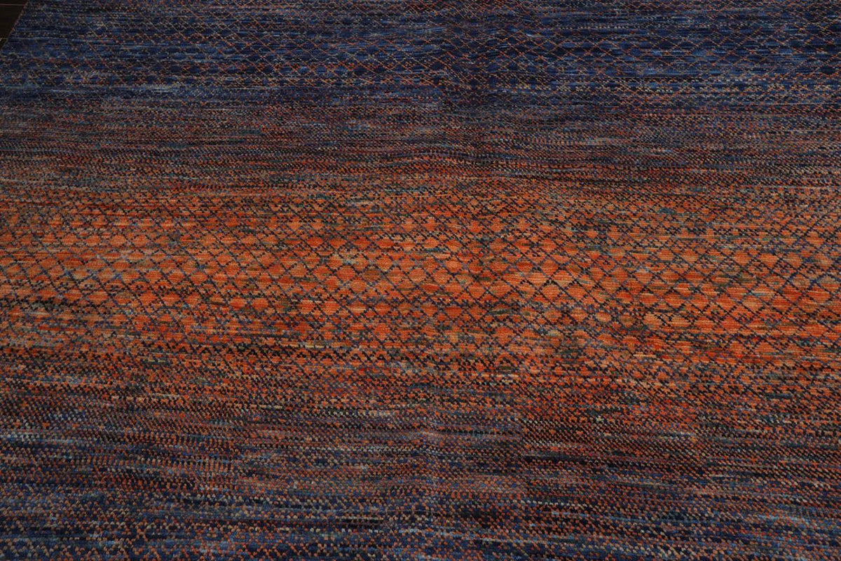 9’ x 12’ Hand Knotted 100% Wool Modern Grass Oriental Area Rug Orange, Navy